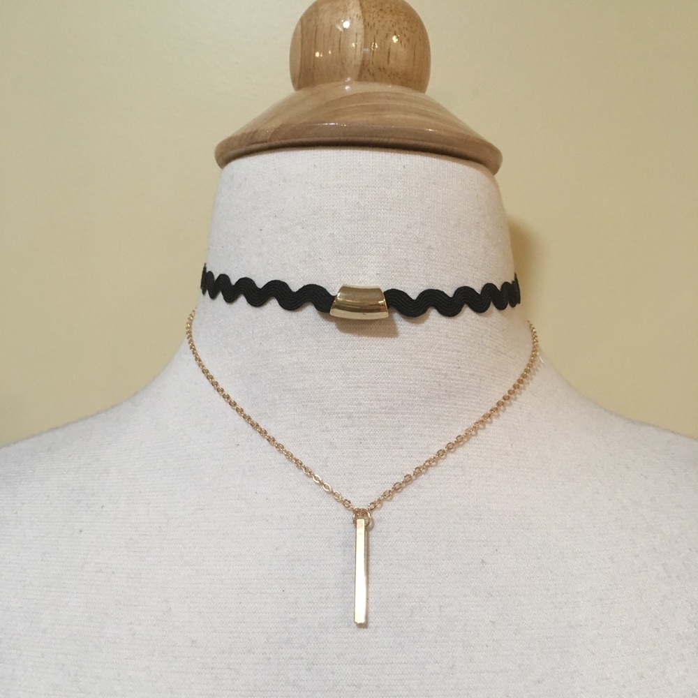 Double Choker Black Zig Zag Gold Pendant Necklace - Picture 2 of 2